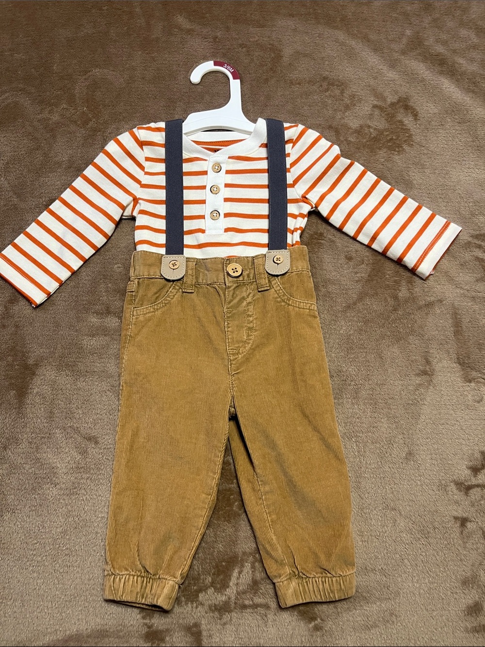 Cat & Jack Orange & White Striped Henley with Tan Corduroy Overalls